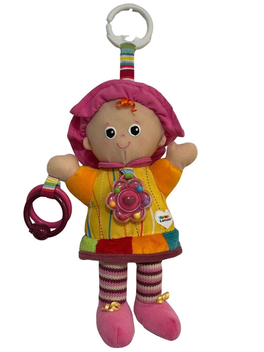 Lamaze 11” Activity Clip N Go Girl Baby Doll Rattle Crinkle Textures Sensory